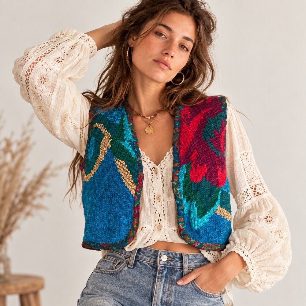 Vintage 80s SEGUE Floral Knit Vest Open Front Boho Art to Wear